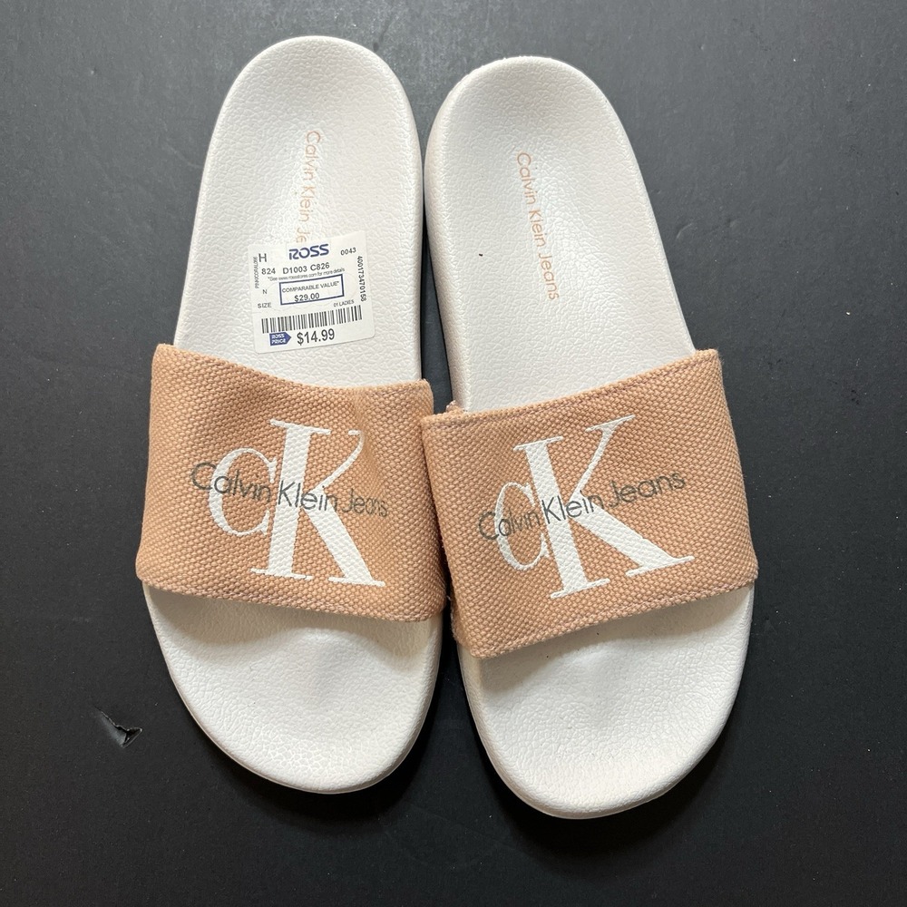 Calvin Klein Jeans Women's Slip On Slide Sandals Logo White/Pink US 7 EU 37